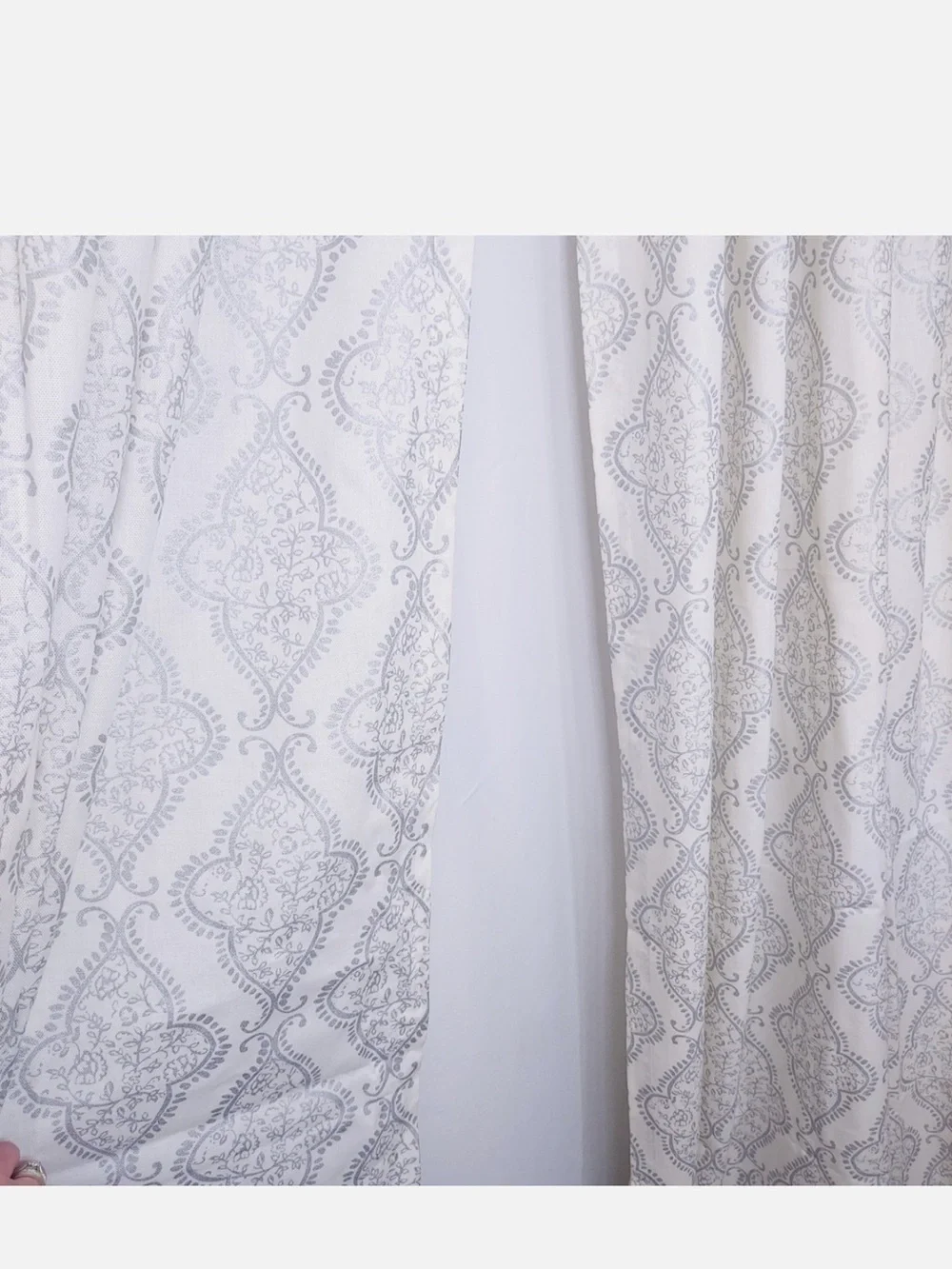 Tahari White Curtains with Silver Gray Damask Scrolls 52”x90” set of 2